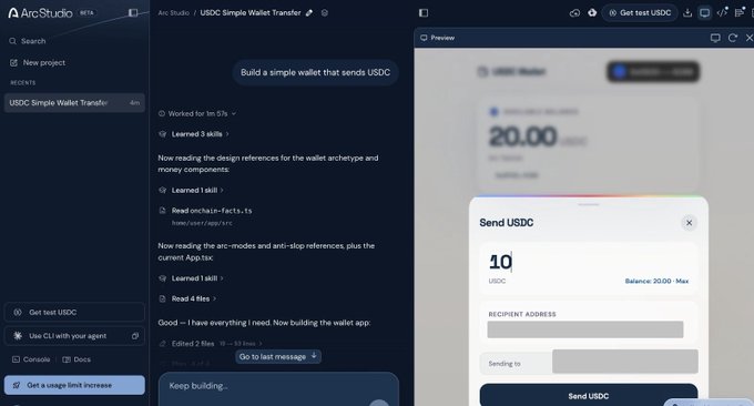 The image displays the Arc Studio interface where a user is building a "USDC Simple Wallet Transfer" application, with a preview showing a wallet balance of "20.00 USDC" and a "Send USDC" screen displaying a transfer amount of "10 USDC" with a "Balance: 20.00" indicator, alongside a chat panel showing the AI agent following prompts to read files and build the wallet app.

This image illustrates the Arc Studio tutorial described in the post, showing a completed testnet USDC wallet app built using AI prompts in the Arc Studio platform at studio.arc.io.
