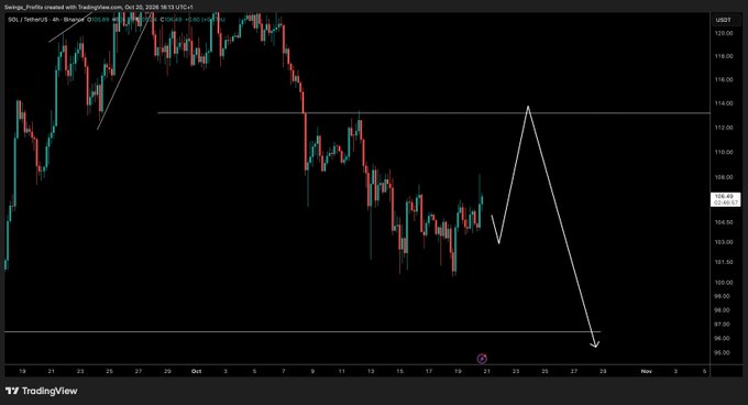 A TradingView SOL/USDT candlestick chart shows a decline from above $120 toward the mid-$100s, with a horizontal resistance line near $113.50 and a shaded target zone around $95–$97. The white projected path anticipates a rebound to resistance before falling to roughly $95, matching the request for “that leg up” in the accompanying post.