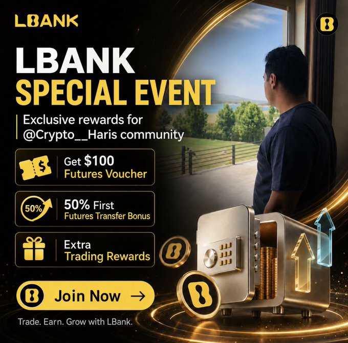 This image is a promotional banner for an "LBANK SPECIAL EVENT" offering exclusive rewards for the @Crypto__Haris community. The ad highlights three key incentives: a $100 Futures Voucher, a 50% First Futures Transfer Bonus, and Extra Trading Rewards, accompanied by visual elements of a safe, golden coins, upward arrows, and a man looking out a window. The "Join Now" button and tagline "Trade. Earn. Grow with LBank" emphasize the call-to-action described in the accompanying post about registering, completing KYC, and depositing funds to claim the bonuses.