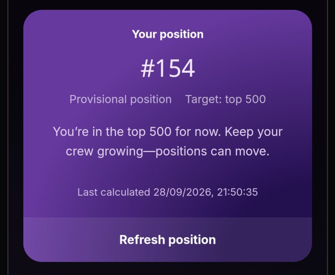 A purple app screen displays 'Your position #154', 'Provisional position', 'Target: top 500', 'You're in the top 500 for now. Keep your crew growing—positions can move.', 'Last calculated 28/09/2026, 21:50:35', and a 'Refresh position' button.