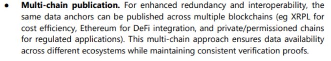 A text excerpt discussing 'Multi-chain publication,' explaining that the same data anchors can be published across multiple blockchains including XRPL, Ethereum, and private chains for redundancy and interoperability.