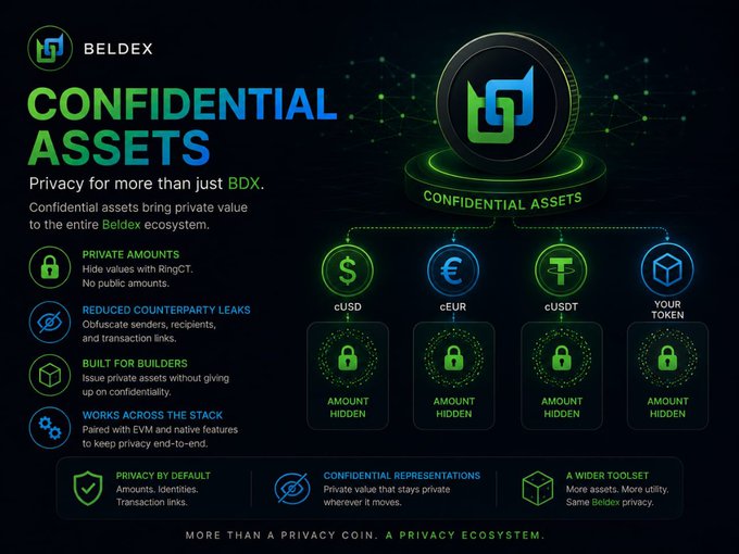 Marketing graphic for Beldex 'Confidential Assets' cryptocurrency feature, highlighting private amounts with cUSD, cEUR, cUSDT, and custom tokens, emphasizing reduced counterparty leaks and built-in builder privacy.