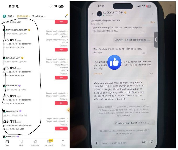 The image shows two screenshots: the left displays a Binance P2P listing featuring four suspicious traders—NHANH_SIEU_TOC_247, LUCKY_BITCOIN, VIETNhanh30s, and FennyPhanVIP—each holding orders around 26,411–26,413 USDT totaling nearly 1.8 million USDT, while the right shows a Telegram chat with "LUCKY_BITCOIN" where the user claims to need time to arrange a bank transfer for a 229,088 USDT purchase before ultimately failing to pay.