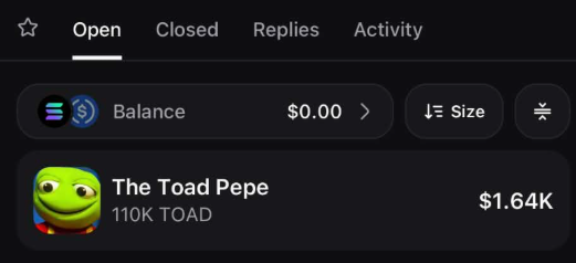 A portfolio dashboard displays a balance of $0.00 and a holding of "The Toad Pepe" token (110K TOAD) valued at $1.64K, likely illustrating the user's TOAD holdings referenced in the post where they're offering to give some $TOAD away along with @anglio.