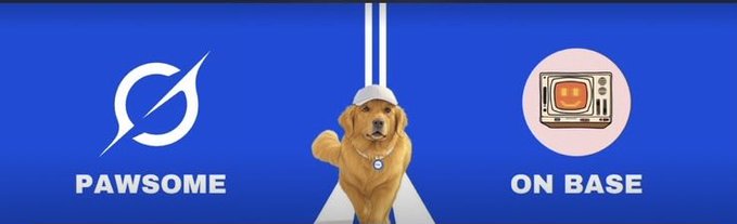 A graphic with a blue background features a golden retriever hanging from a leash, the 'PAWSOME' logo on the left, and 'ON BASE' text with a TV icon on the right.