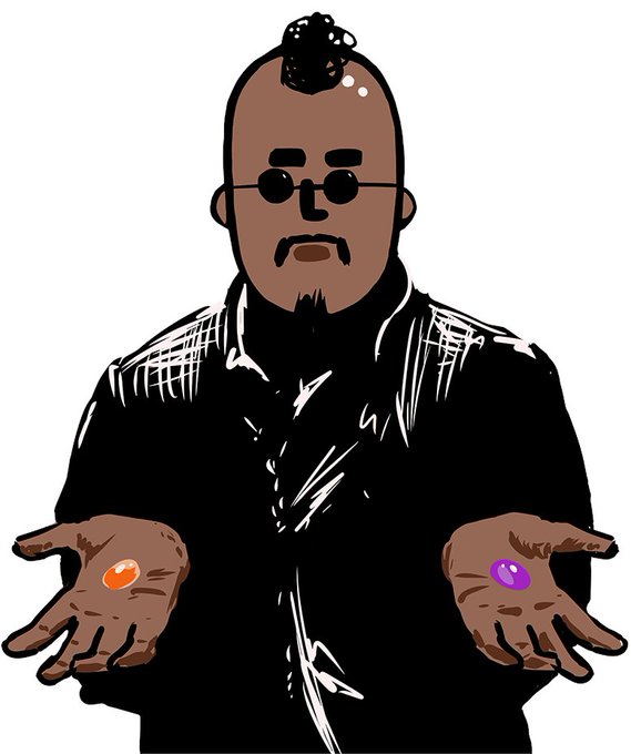 A cartoon illustration depicts Morpheus from The Matrix wearing round sunglasses and a black coat, holding out two glowing pills—one red/orange in his left hand and one magenta in his right.