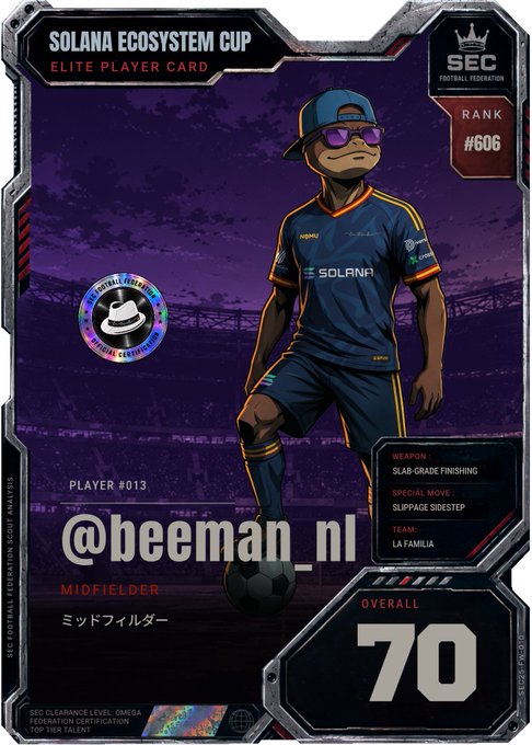 The image features a cartoon character dressed in blue soccer uniform standing next to a soccer ball with the number 70 on it. The character also has a social media handle, @LaFamilia_so, which is likely related to the post about the player card.