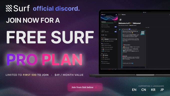 The image features a laptop screen displaying a surfboard game with a message about joining a free surf plan. The background of the image has purple and pink colors, which are used as part of the advertisement for the surf plan. The text on the image reads "Surf", "join now for a free surf plan", and "Limited to first 400 users only".