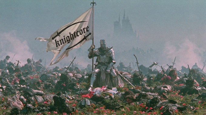 Fantasy scene featuring a medieval knight standing among fallen warriors holding a flag emblazoned with 'knightcore', with a castle visible in the background.