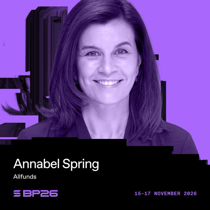 A purple-tinted promotional graphic for Breakpoint (SBP26) featuring speaker Annabel Spring from Allfunds, dated 15-17 November 2026.