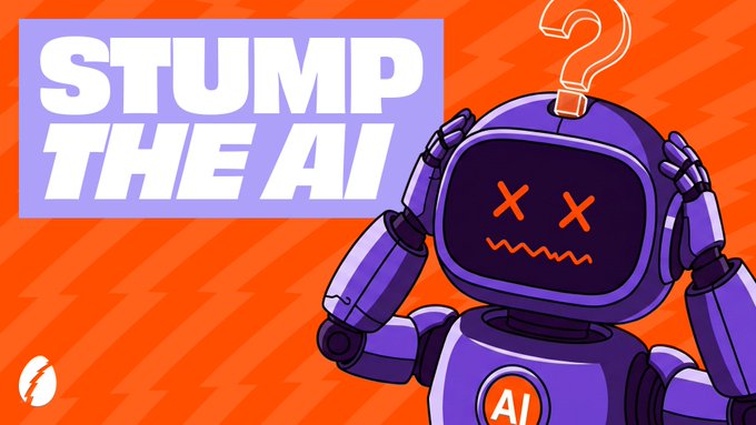 The image is a promotional graphic for a "STUMP THE AI" campaign, featuring a confused purple robot with "X" eyes and a question mark above its head against a fiery orange background. The accompanying text invites people to submit questions that could "break" AI, linking to a Rally.fun campaign page at app.rally.fun/campaigns/0x8E.