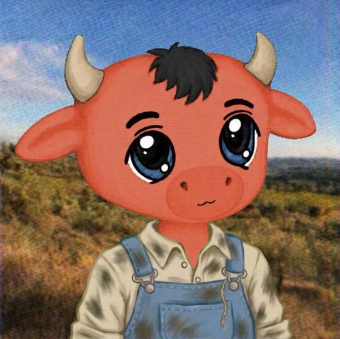 A cartoon painting of an anthropomorphic red cow-like character with small horns, big expressive eyes, and black hair, wearing denim overalls over a dirty white shirt.