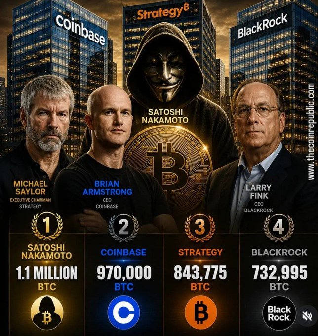 The image showcases the top four holders of Bitcoin, highlighting Satoshi Nakamoto with 1.1 million BTC, Coinbase with 970,000 BTC, Strategy (formerly MicroStrategy) led by CEO Michael Saylor holding 843,775 BTC, and BlackRock under CEO Larry Fink possessing 732,995 BTC. The post "Let it be known how much Kim is hodling... $Bitcoin #BTC" implies the user is comparing their own Bitcoin holdings to the massive reserves held by these major entities, perhaps in a humorous or aspirational way.