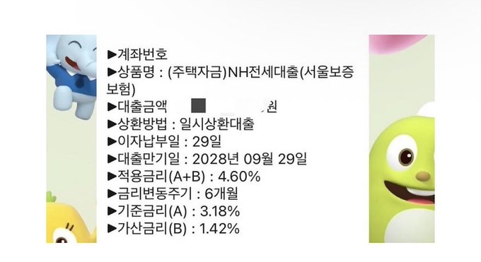 A Korean-language document detailing account number information for NH Nonghyup Bank (NH전세대출), including loan amount of 500 million won, interest rate of 4.60%, and maturity date of September 29, 2028.