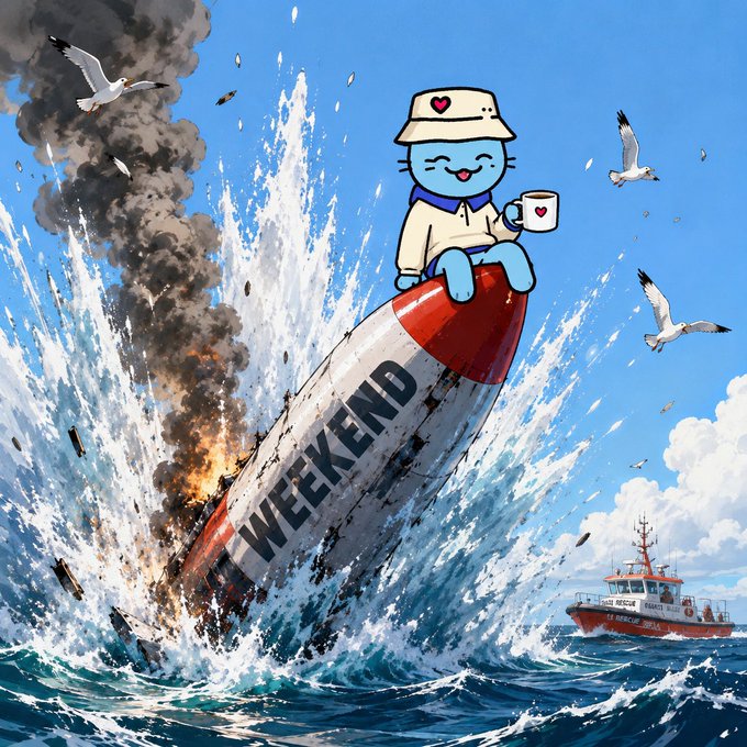 A vibrant anime-style illustration of a blue cat character in a bucket hat sitting on a crashed 'WEEKEND' missile in the ocean, holding a coffee cup.