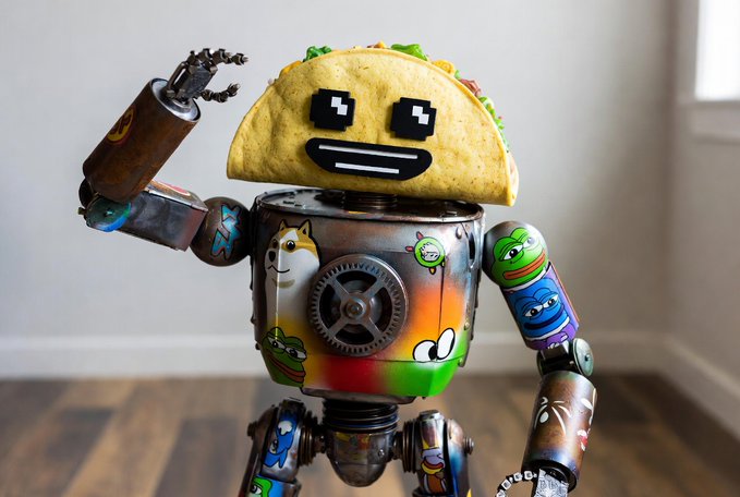 A creative robot toy with a taco for a head, featuring pixelated sunglasses, and a colorful metallic body covered in stickers of cartoon characters.