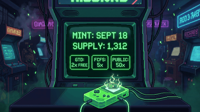 A pixel-art arcade machine displays 'MINT: SEPT 18, SUPPLY: 1,312' with token distribution tiers for GTD (2x Free), FCFS (5x), and Public (50x).