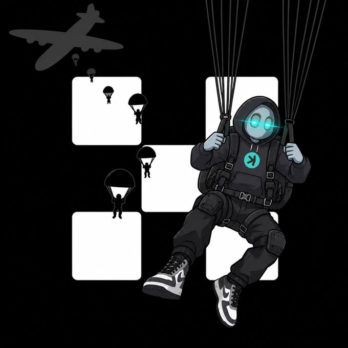A cartoon character in tactical gear with glowing cyan eyes parachutes through a black background featuring a plane silhouette and silhouetted skydivers. The image symbolizes a daring, high-stakes "jump" into action—visually reinforcing the post's urgent invitation to leap into trading on OKX.