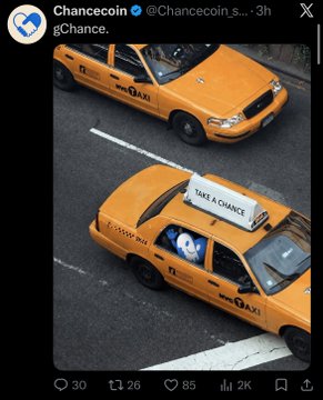 The image shows a screenshot of a tweet from @Chancecoin_sol featuring two yellow NYC taxis, with the closer taxi displaying a rooftop advertisement reading "TAKE A CHANCE," which ties into the $CHANCE token's promotional tease of a potential in-person NYC event or bounty.