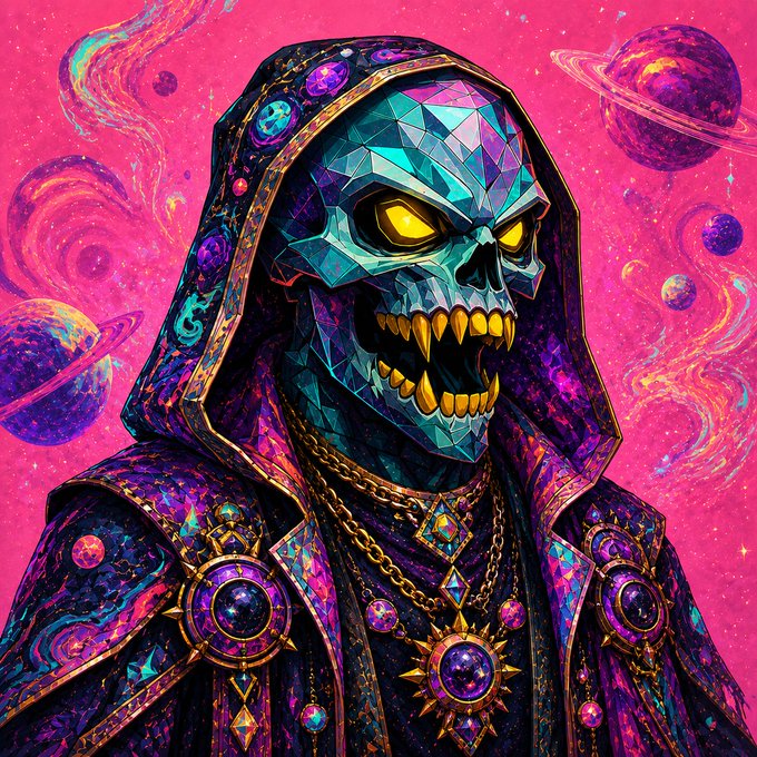 A fierce, crystalline skeletal figure draped in cosmic hooded robes adorned with planetary medallions and golden chains dominates the image against a vibrant pink, swirling galaxy backdrop. The image's themes of power, cosmic grandeur, and commanding presence reinforce the post's urgent message that decisive action—even in the face of overwhelming forces—is far more impactful than inaction.