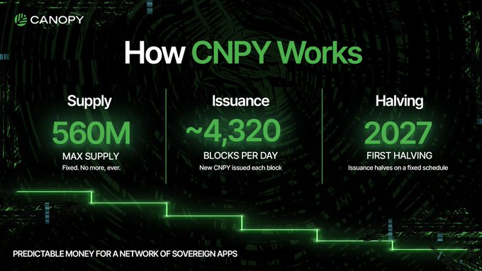 An infographic titled "How CNPY Works" from Canopy, highlighting three key metrics: a fixed max supply of 560M tokens, approximately 4,320 blocks per day with new CNPY issued each block, and a first halving scheduled for 2027 on a fixed schedule, visually reinforcing the post's message of predictable, Bitcoin-inspired scarcity for sovereign appchains.