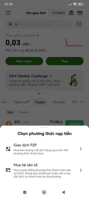 A Vietnamese-language mobile crypto trading app screenshot showing a total asset balance of 0.03 USD and a deposit menu with P2P and fiat purchase options.