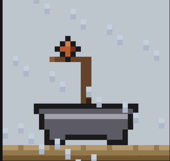 A pixel art image of a gray bathtub with a brown pipe and faucet against a light blue background, surrounded by falling white pixels representing rain or snow.
