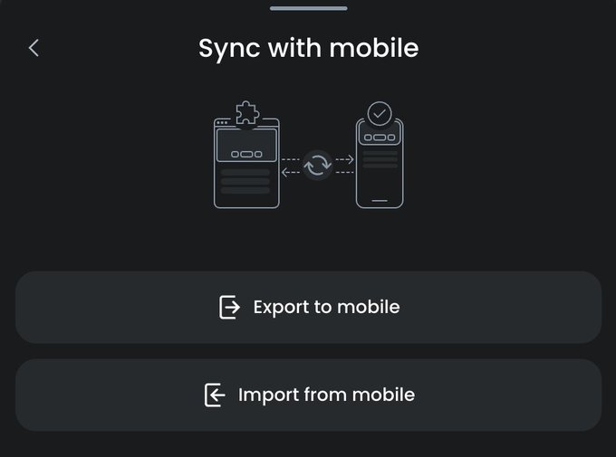 A 'Sync with mobile' interface showing options to 'Export to mobile' and 'Import from mobile'.