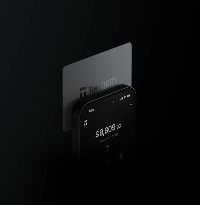 A dark smartphone displaying a Tangem wallet app shows a balance of '$9,809.93' and 'Tangerine wallet 2.0' next to a Tangem branded card against a black background.