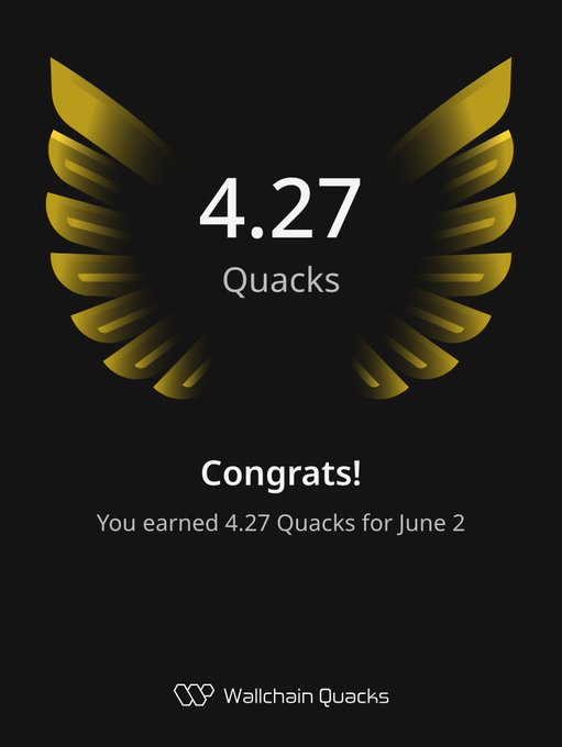 The image shows a poster or card with an illustration of a bird's wing, which has the number 4.27 printed below it. It appears that someone has earned 4.27 more Quacks than the previous day. The text on the card congratulates the user for their achievement and mentions that they have been learning to focus on useful content instead of chasing quick engagement. This message emphasizes the importance of consistency in efforts, as well as the significance of staying focused on valuable information rather than just seeking immediate attention or likes.