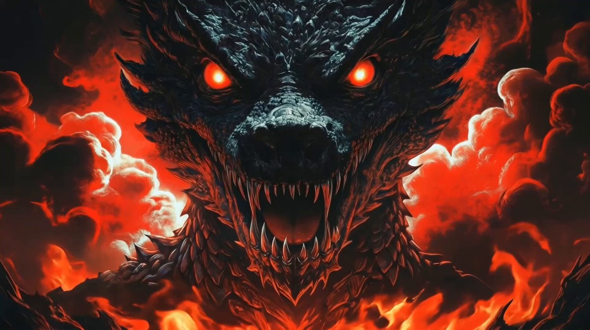 The image features a large, scary dragon with red eyes and teeth, giving it an intense and menacing appearance. The dragon's mouth is wide open, revealing sharp teeth that add to its intimidating look. The background of the image is dark and filled with clouds, which further enhances the ominous atmosphere created by the dragon. The caption below the image reads "PLS Dragon on PulseChain #PulseChain".