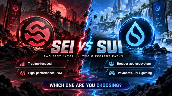 A promotional banner contrasts the cryptocurrencies SEI and SUI with their logos set against opposing red and blue fantasy landscapes, listing features like "Trading-focused" and "Broader app ecosystem."