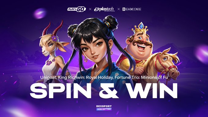 A promotional banner for a Spin & Win casino game featuring Unigoat, King Richwin: Royal Holiday, and Fortune Trio: Minions of Fu, with Play'n GO, Playtech, and BGAMING logos displayed at the top.