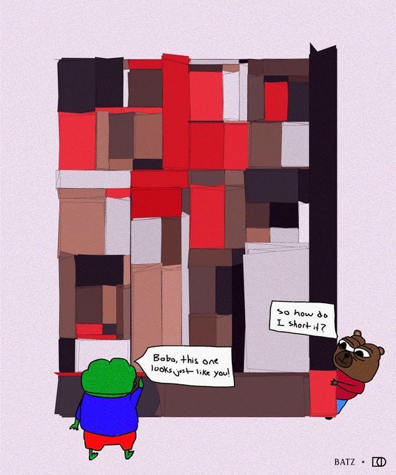 An illustration by Batz showing a green frog character saying "Bobo, this one looks just like you!" to a brown bear character who asks "so how do I short it?" in front of an abstract Mondrian-style artwork.