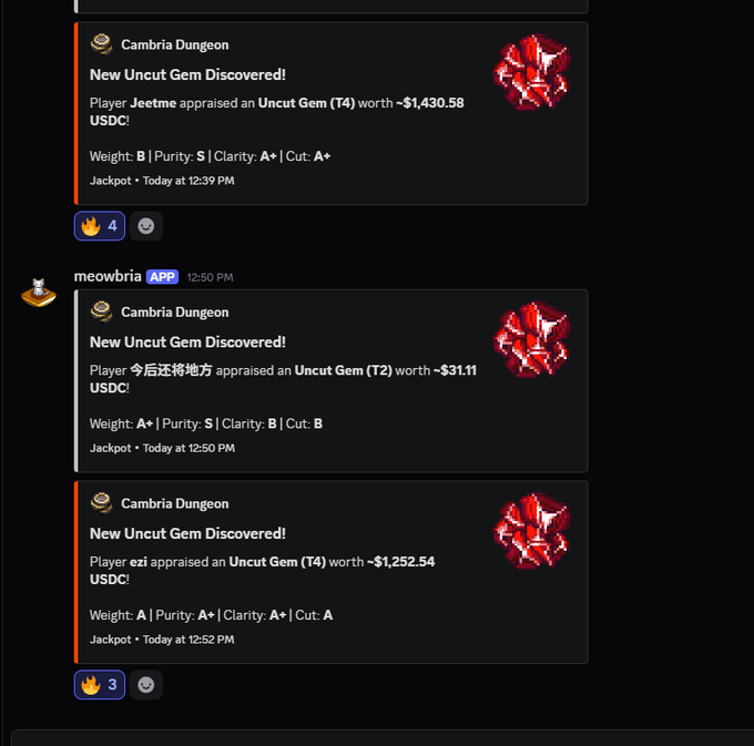 Discord bot notifications from 'meowbria' about new Uncut Gems discovered in Cambria Dungeon, showing appraisals for players Jeetme (~$1,430.58), another player (~$31.11), and ezi (~$1,252.54) USDC.