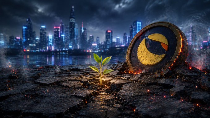 A dramatic digital artwork showing a small green plant sprouting from cracked ground with a golden LUNA coin emblem partially buried, set against a backdrop of a futuristic neon-lit city skyline at night.