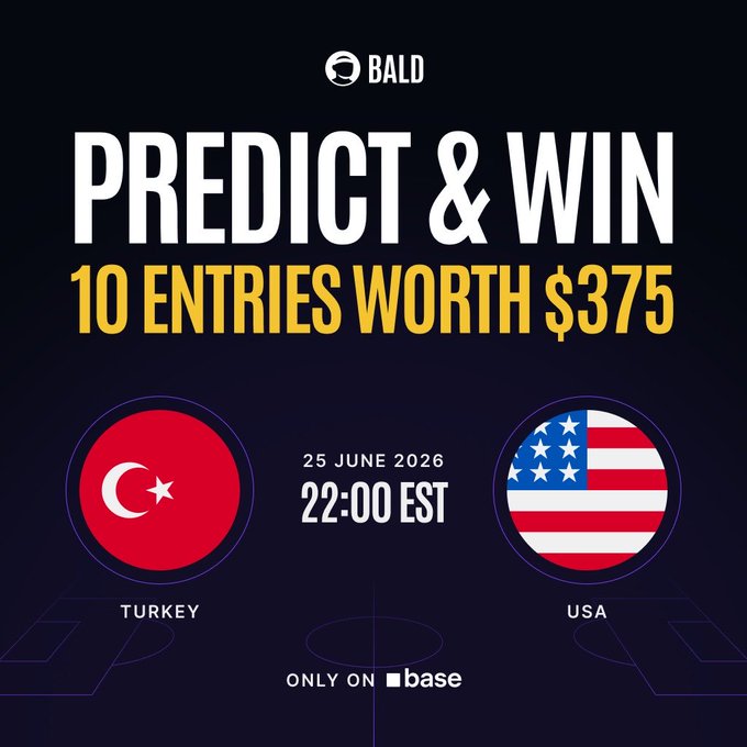 The image is a promotional graphic for a BALD giveaway, featuring the text "PREDICT & WIN 10 ENTRIES WORTH $375" alongside circular flags of Turkey and USA, with a match date of "25 JUNE 2026 22:00 EST" displayed between them. The graphic visually supports the giveaway post by showcasing the teams competing and the prize being offered through a partnership with @gobaldxyz, with the note "ONLY ON base" at the bottom.