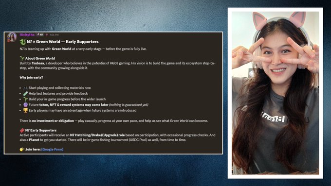 A screenshot showing a Discord announcement about 'NT x Green World—Early Supporters' next to a photo of a woman with cat ear headphones making a peace sign.