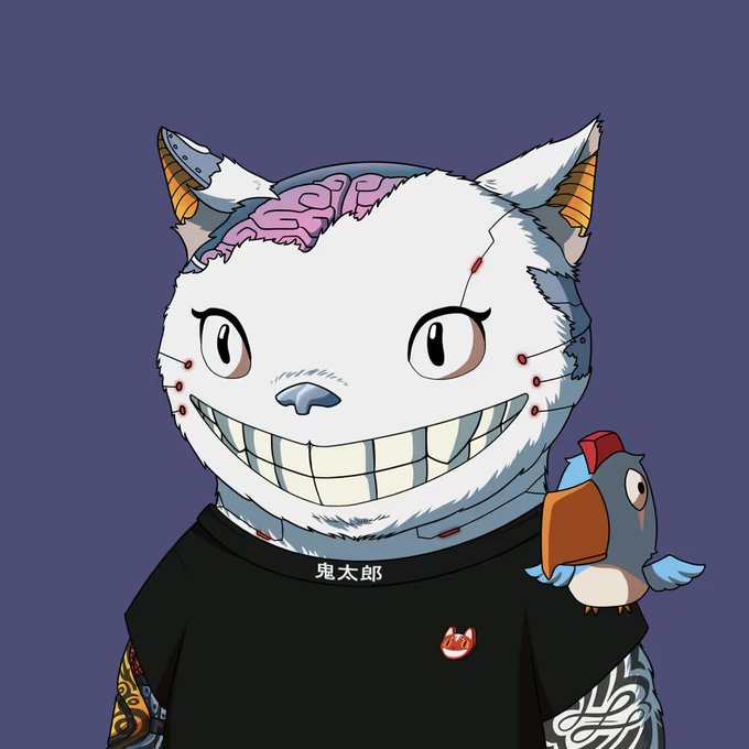 An illustration depicts a cartoonish white cat character with an exposed brain, wide grinning mouth, and horns, wearing a black shirt with Japanese text '鬼太郎' (Kitaro), accompanied by a small bird.