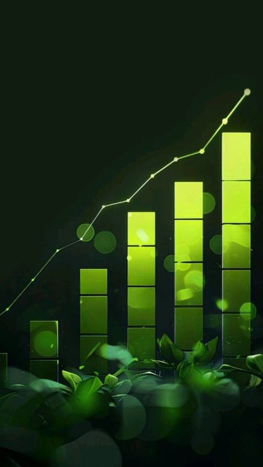 A stylized green-themed bar chart with an ascending line graph over dark leaves, depicting growth or progress.