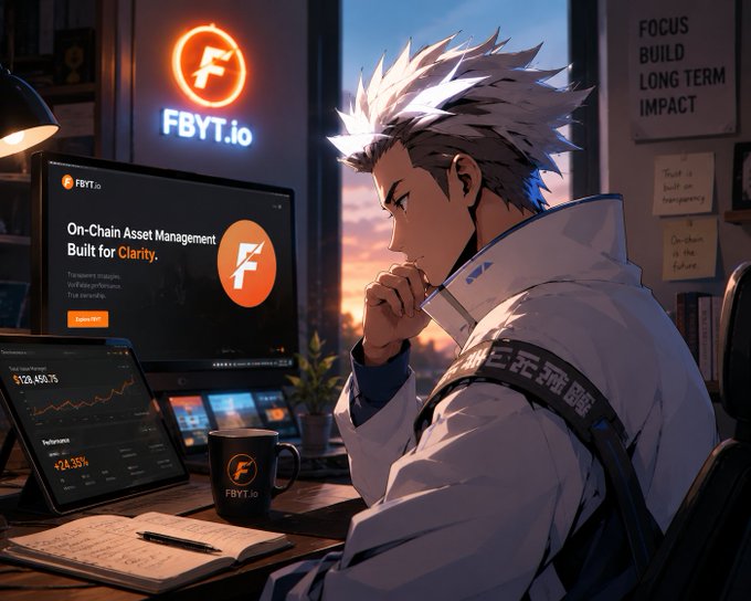 An anime-style character with white spiky hair sits thoughtfully at a desk, working on a laptop displaying a +24.35% performance chart while a monitor behind him shows the FBYT.io "On-Chain Asset Management Built for Clarity" website with an orange "F" logo. A neon "FBYT.io" sign glows on the wall beside a poster reading "FOCUS BUILD LONG TERM IMPACT," visually reinforcing the post's message about prioritizing transparent, research-driven approaches to crypto returns rather than chasing numbers blindly.