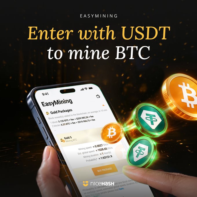 A smartphone displays the EasyMining app interface showing BTC Gold packages with details like "0.0021 EH/s" mining speed, against a dark background featuring floating Bitcoin and USDT coins, with promotional text "EASYMINING - Enter with USDT to mine BTC" and the nicehash.com/my/easymining branding at the bottom.