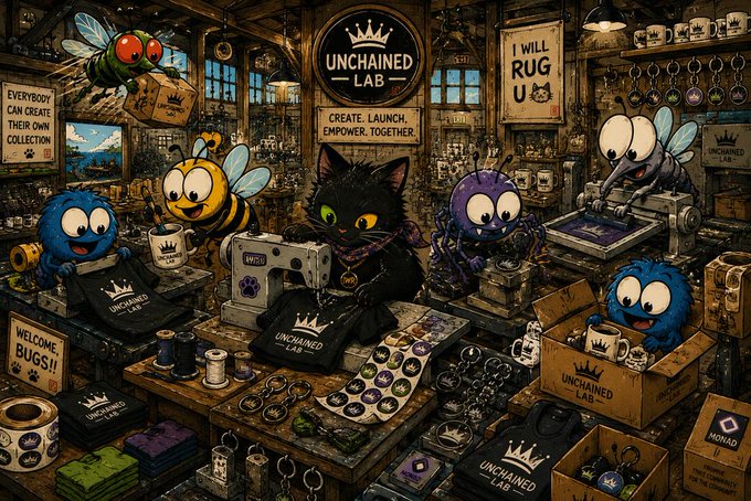 A whimsical illustration of bug characters working in an 'UNCHAINED LAB' workshop with signs reading 'I WILL RUG U' and 'CREATE. LAUNCH. EMPOWER. TOGETHER.', surrounded by branded merchandise.
