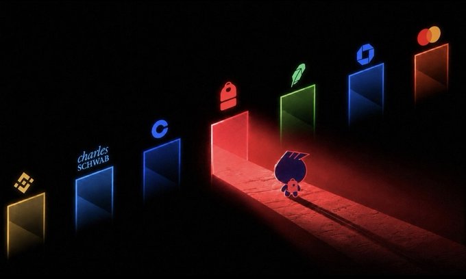 A dark, atmospheric digital illustration showing a small character with a backpack standing before glowing doorways labeled with various brand logos including Binance, Charles Schwab, Coinbase, Robinhood, Robinhood, and Mastercard, symbolizing gateways between crypto and traditional finance.