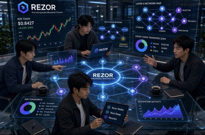 An illustration showing four people working at a futuristic desk with holographic displays for 'REZOR - The Interoperable Blockchain Protocol', featuring data like 'R2R TOKEN $0.8427' and cross-chain network maps.