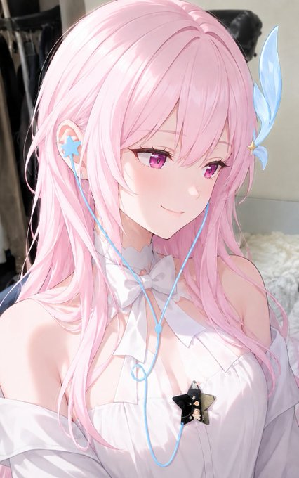 An anime-style character with long pink hair, purple eyes, and a blue butterfly hair accessory, wearing earphones and a white ruffled top.