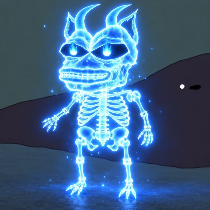 A glowing blue 3D-rendered skeletal demon figure with horns and fiery eyes, standing against a dark blue landscape background.