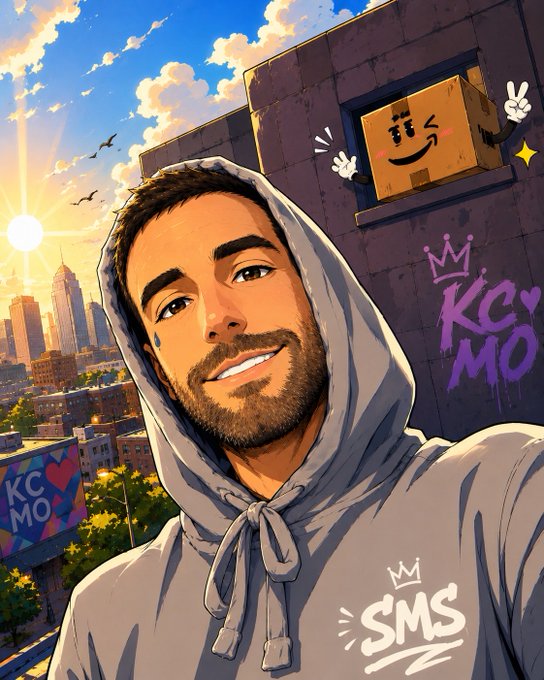 An illustrated anime-style portrait of a smiling bearded man in a gray hoodie, with a cartoon cardboard box character waving from a building and "KC MO" graffiti visible in the background.