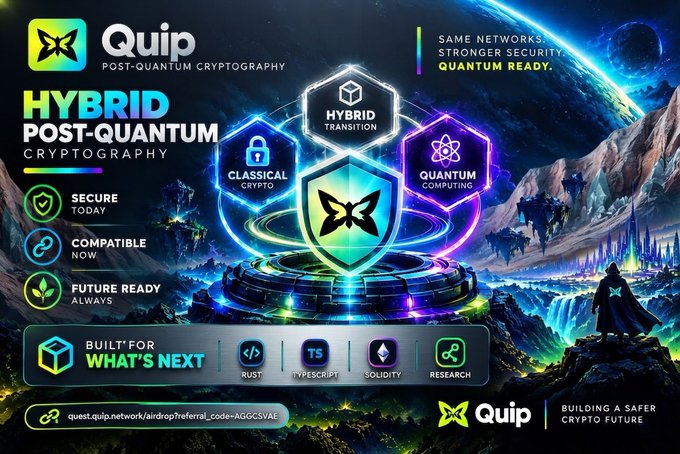 Promotional graphic for **Quip** (quest.quip.network) advertising its "Hybrid Post-Quantum Cryptography" solution, featuring futuristic shield and hexagonal icons highlighting "Classical Crypto," "Hybrid Transition," and "Quantum Computing," built for Rust, TypeScript, Solidity, and research. The cosmic, sci-fi imagery of a lone figure facing a vast landscape visually reinforces the post's theme of confronting an uncertain quantum-computing threat that today's cryptographic standards were never designed to handle.