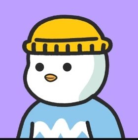 A simple cartoon bird or duck character wearing a yellow beanie and a blue shirt with 'M' letter on a purple background.
